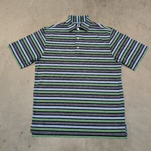 FJ Footjoy Golf Polo Mens M Striped Gray Green Blue Short Sleeve Stretch